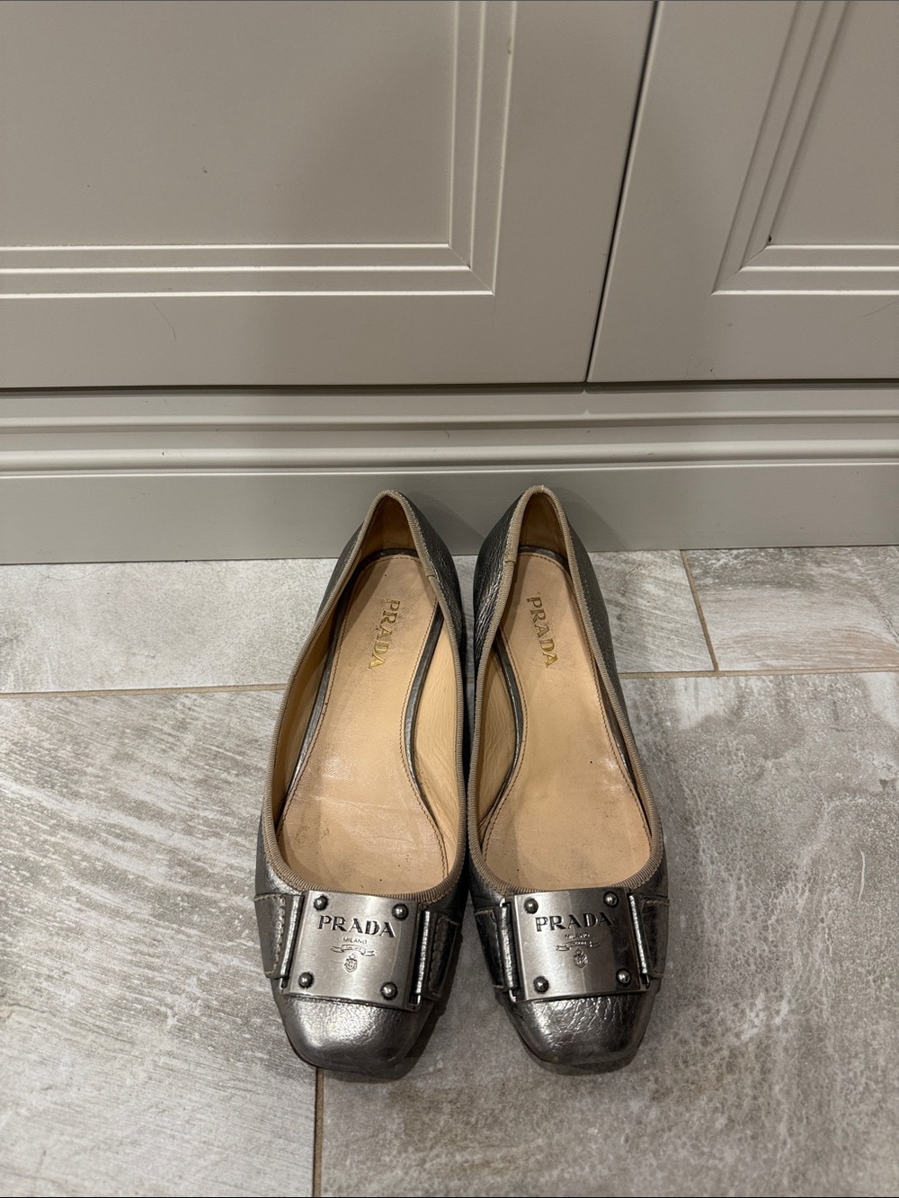 Prada Metallic Silver Leather Ballet Flats with Studded Toe
